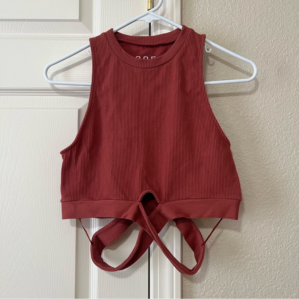 Poof New York Brick Red Ribbed Top with Strappy Cut Out Side Detail - M/L